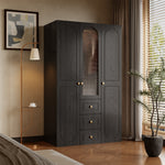 Load image into Gallery viewer, Luxury 3-Door Black Wardrobe with Ribbed Glass Panel Multi-Section Storage with Drawers and Hanging Space
