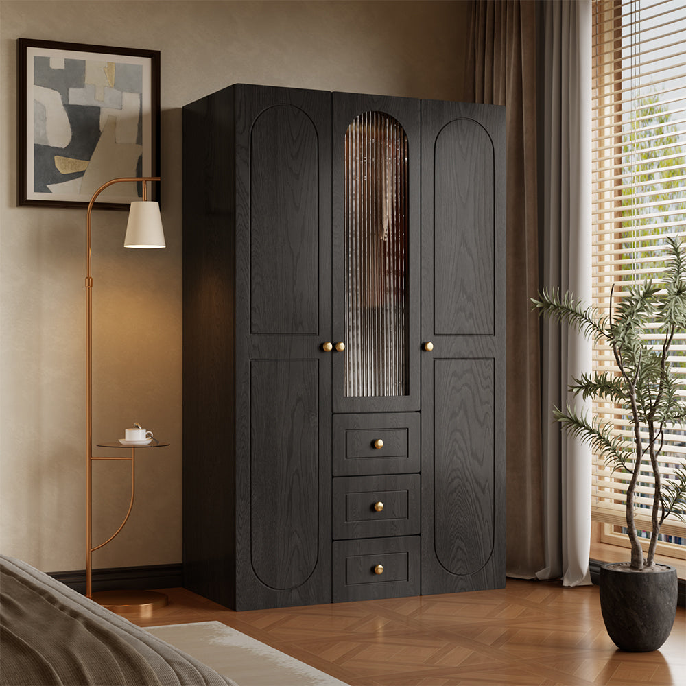 Luxury 3-Door Black Wardrobe with Ribbed Glass Panel Multi-Section Storage with Drawers and Hanging Space
