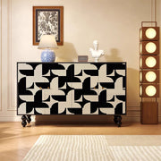 59'' Vintage Hand-Painted Sideboard Artistic Retro Buffet Cabinet with Bold Geometric Patterns
