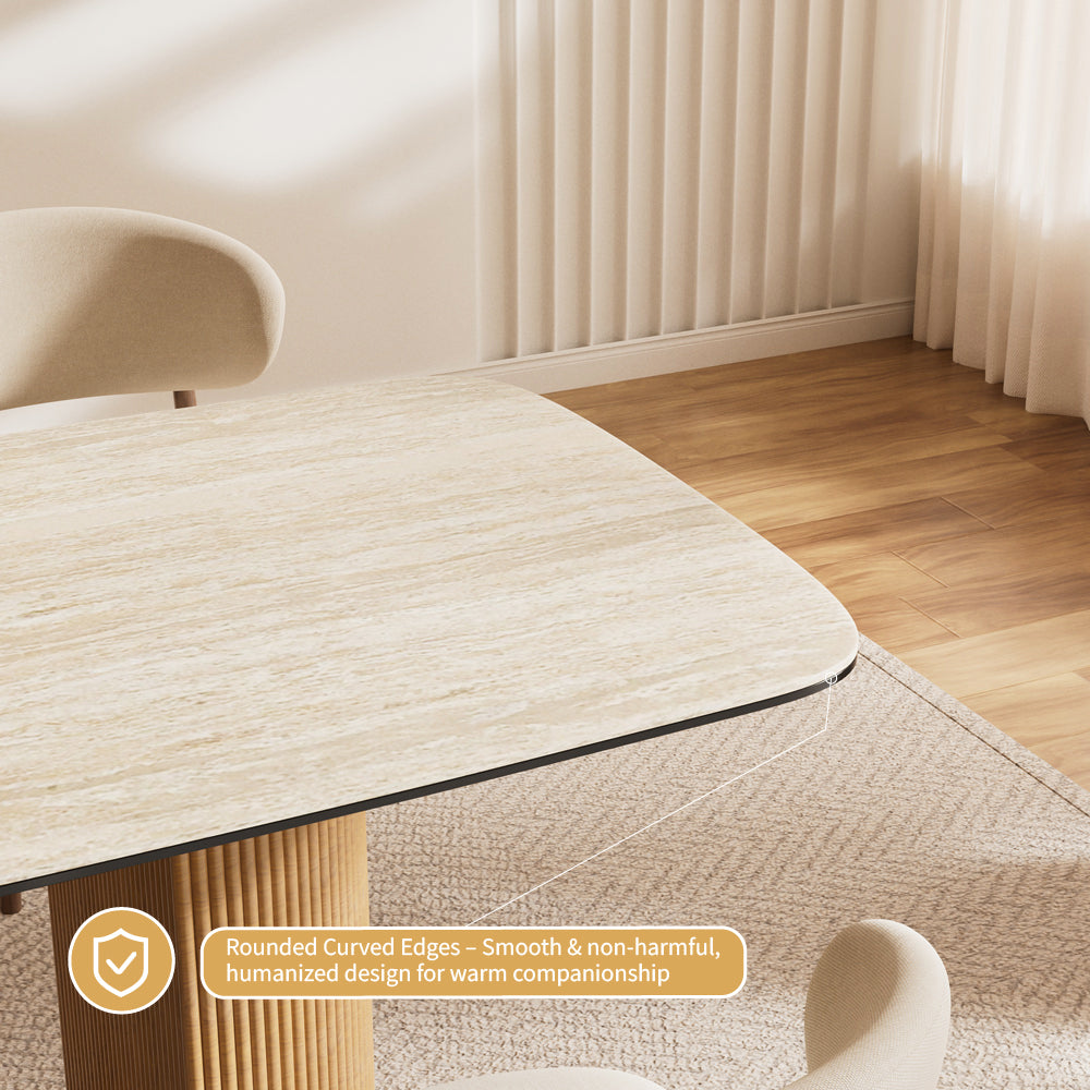 Square Dining Table White Ceramic Top Semi-cylindrical Wooden Base for 6 People