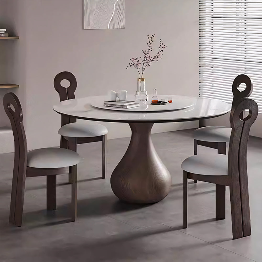 Round Dining Table Wooden Base and Ceramic Stone Top Modern Aesthetic
