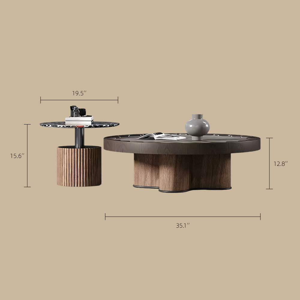 Modern Round Coffee Table Set with Sculptural Base & Glass Accent Side Table Luxury Contemporary Living Room Furniture