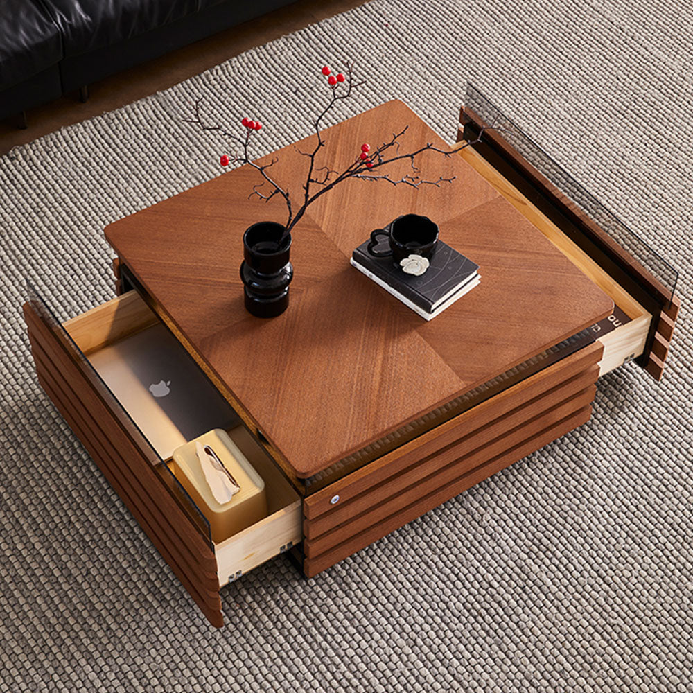 29'' Square Walnut Coffee Table with Built-In LED Display Shelf