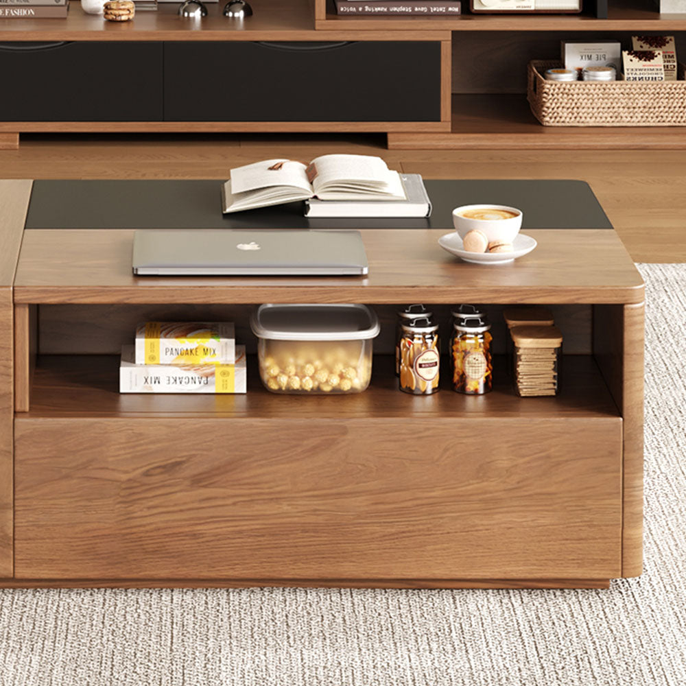 51'' Walnut Lift-Top Coffee Table with Hidden Storage Drawers and Open Shelves