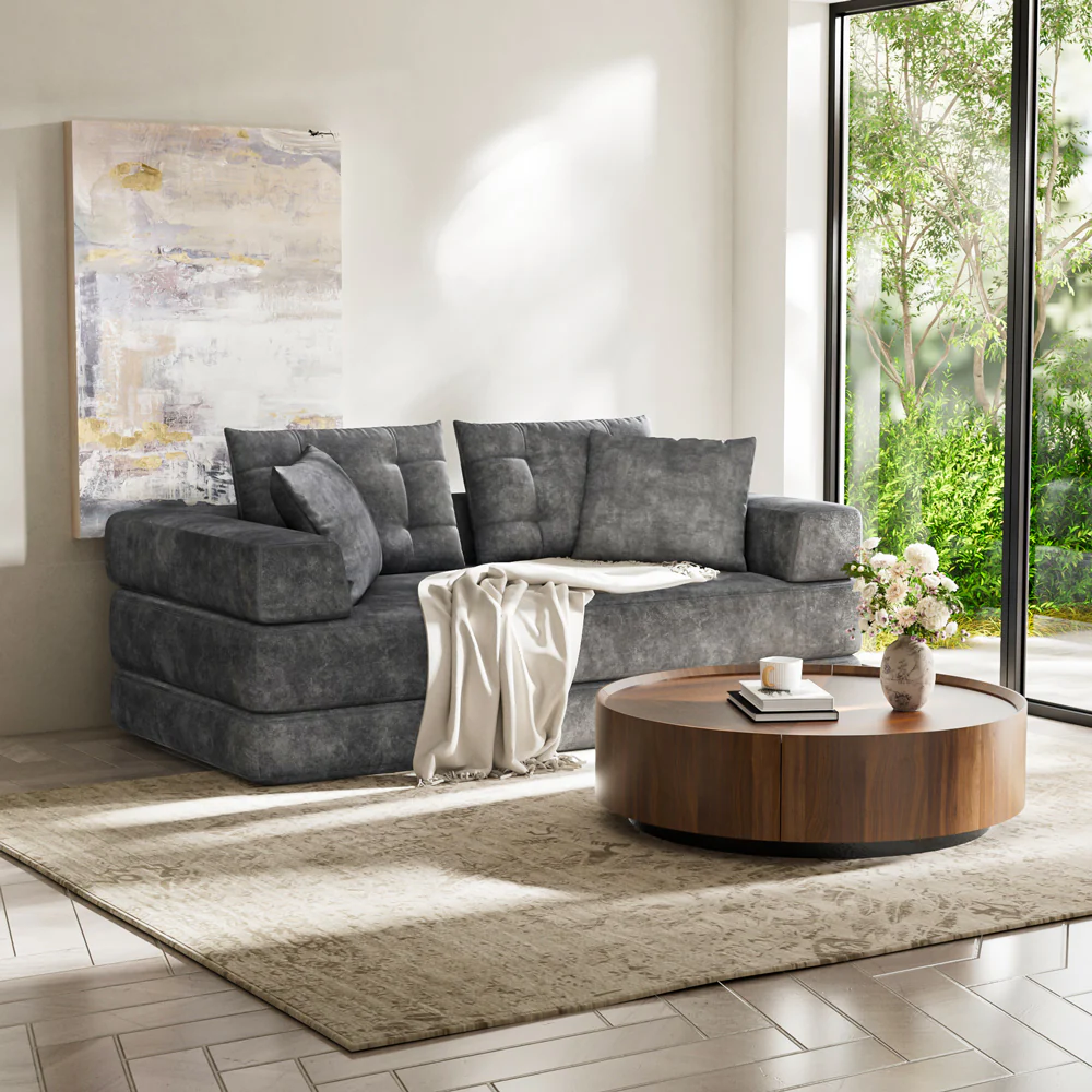 70''/78''Convertible Sofa Bed Tufted Cushion Armrest Foldable Design in Grey Fabric Upholstery