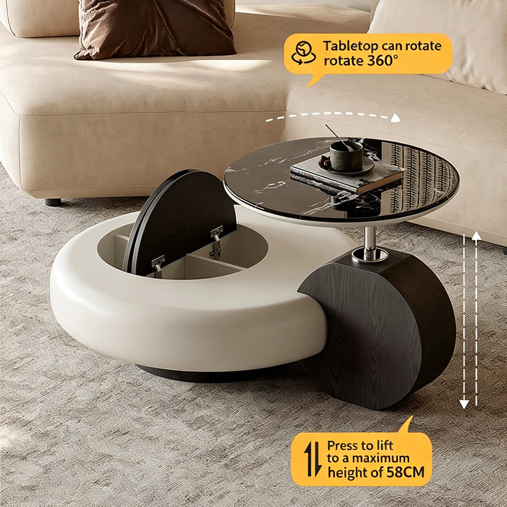 Modern Sculptural Coffee Table with Elevated Marble Glass Top and Curved Base Design