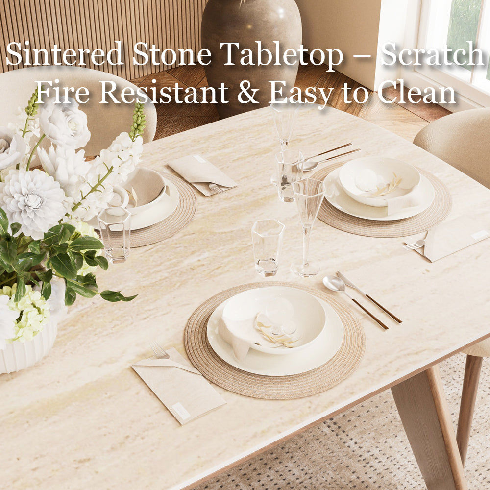 Dining Table with Ceramic Stone Top Wooden Base Modern Elegant Design for Dining Room