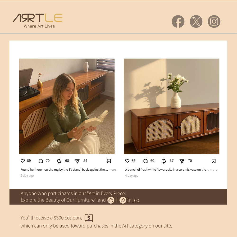 TV Stand & Coffee Table Set with Cane Drawers Mid-Century Modern Style Spacious Storage Elegant Design