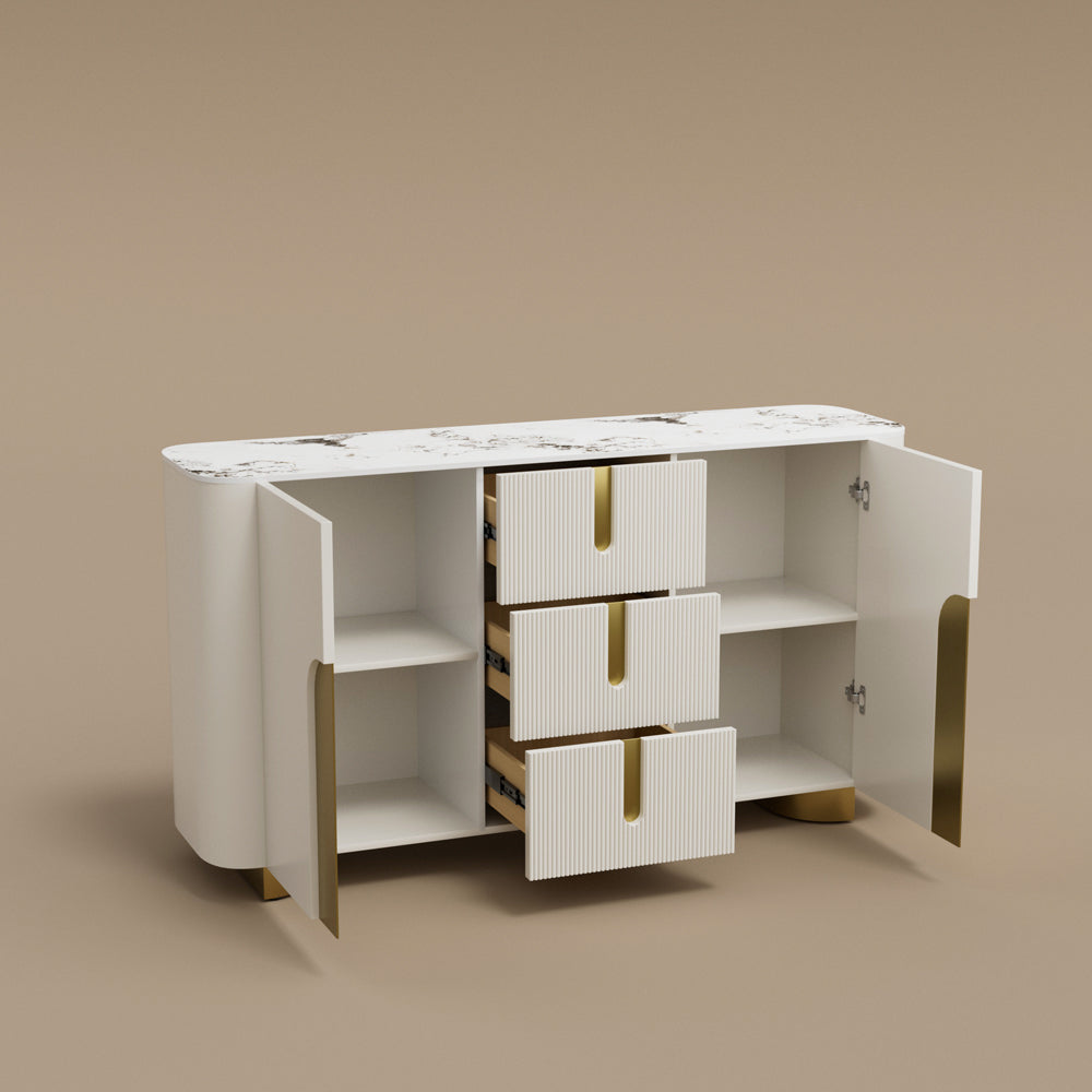 Sideboard Cabinet Modern Minimalist Ribbed Drawers Golden Base Marble Top Storage Unit