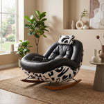 Load image into Gallery viewer, Bold Black Leather Rocking Lounge Chair with Patterned Fabric Shell
