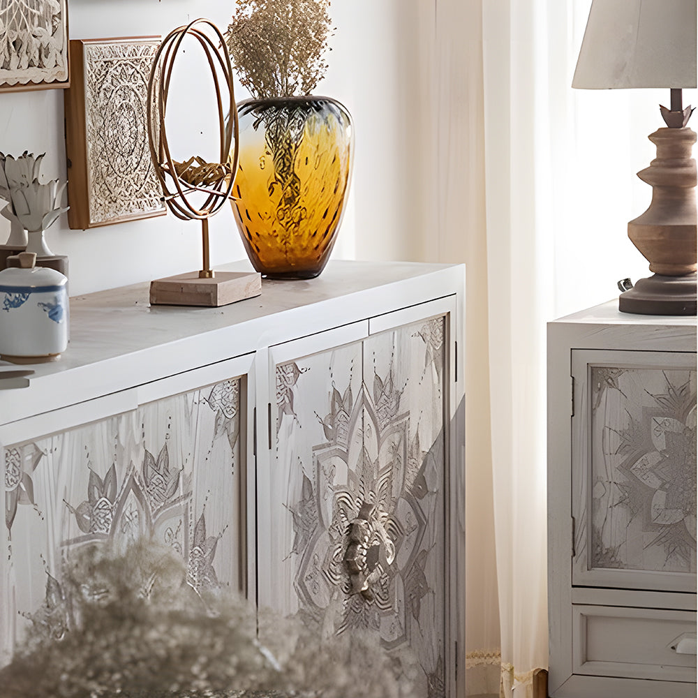 61'' Boho Mandala Carved Sideboard Cabinet White Washed Wooden Buffet Storage with Metal Base Decorative Accent Console