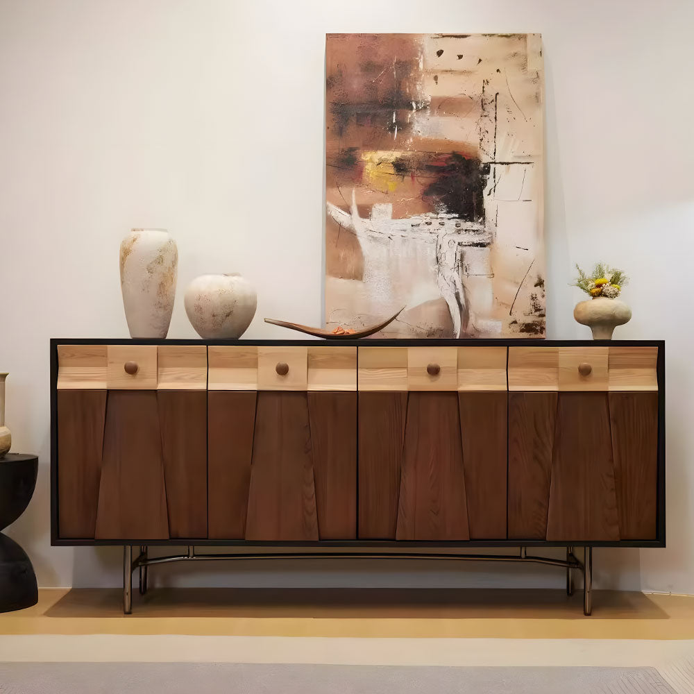 Modern Wooden Sideboard Unique Geometric Design Natural Wood Drawers Stylish Storage Cabinet