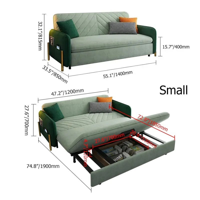 Sofa Bed Solid Wood Metal Frame Velvet Upholstery Storage Drawer Convertible
