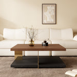 Load image into Gallery viewer, 35.1″ Square Coffee Table with Dual-Tone Wood and Stone Base Modern Minimalist Design with Gold Metal Accents
