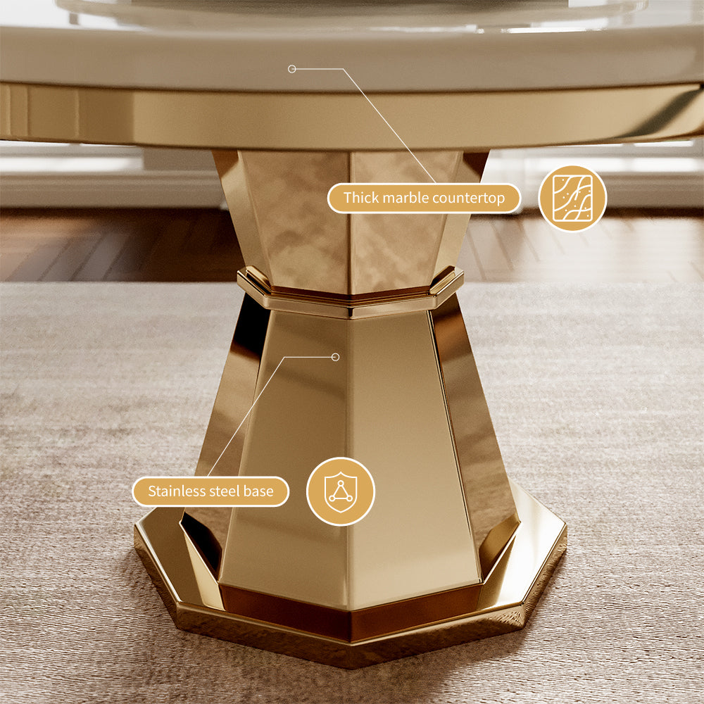 Luxurious Round Dining Table with Lazy Susa Ceramic Top Elegant Gold Accents Conical Base for 4-6 People