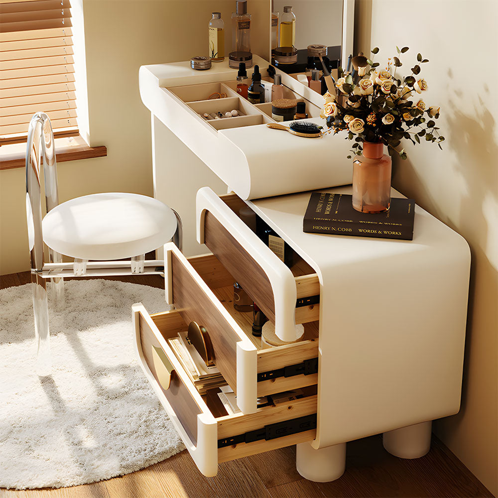 White Makeup Vanity Table with Mirror Stool Storage Cabinet