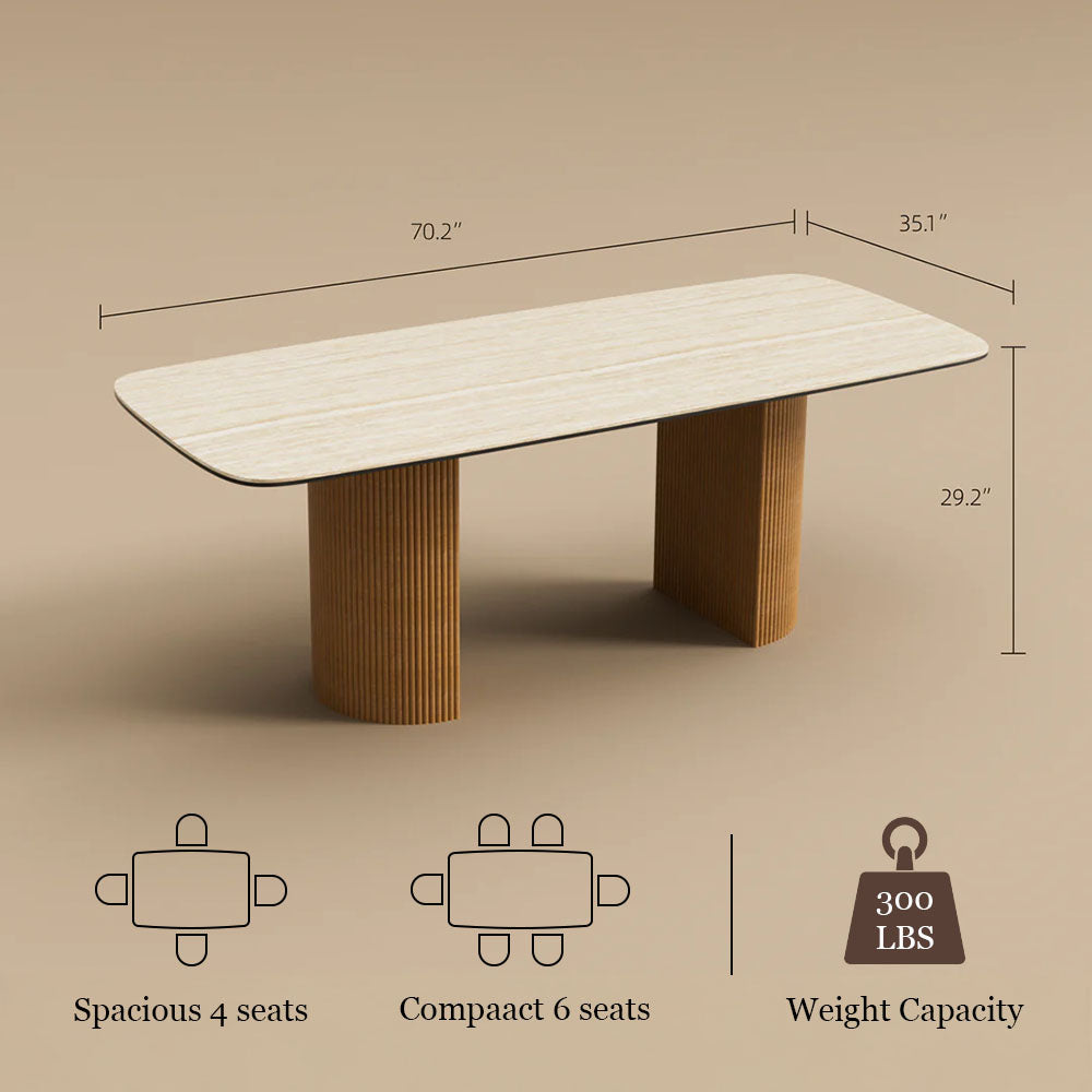 Square Dining Table White Ceramic Top Semi-cylindrical Wooden Base for 6 People