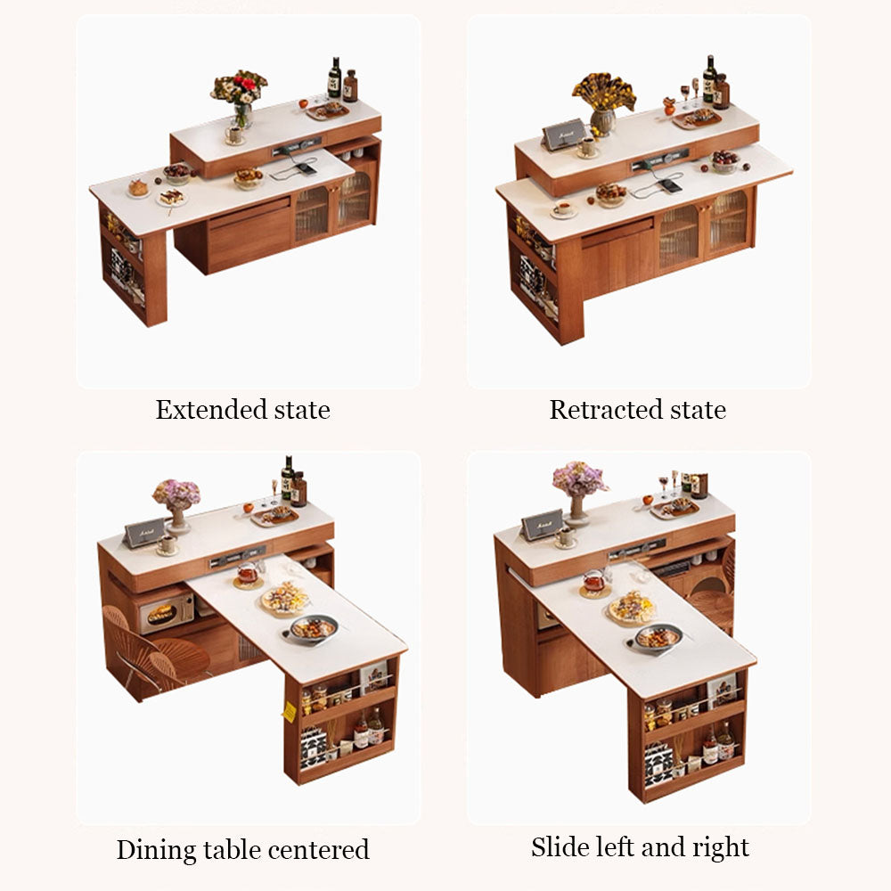 White & Natural Multi-Function Sliding Kitchen Island Storage Power Outlets & Dining in One