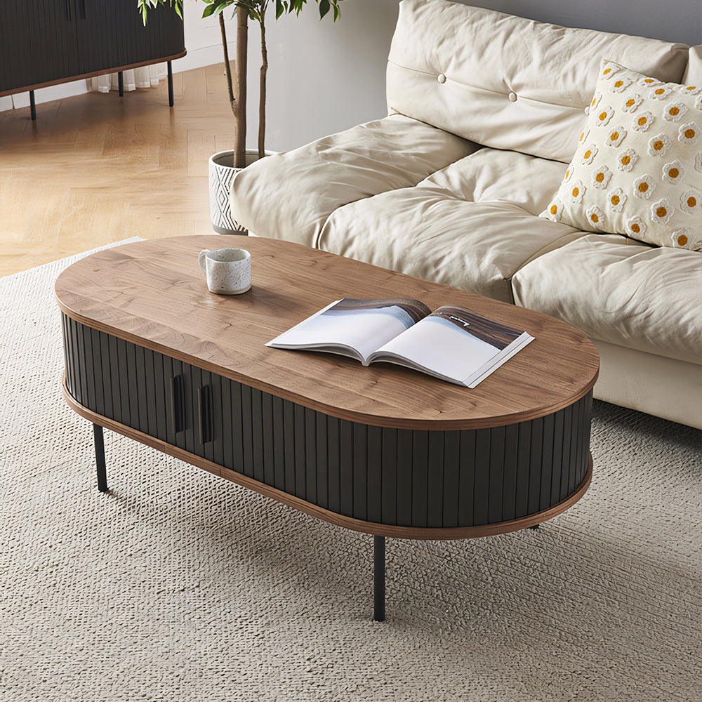 46.8'' Coffee Table Oval Shape Modern Design Walnut Black Accent Storage Compartment
