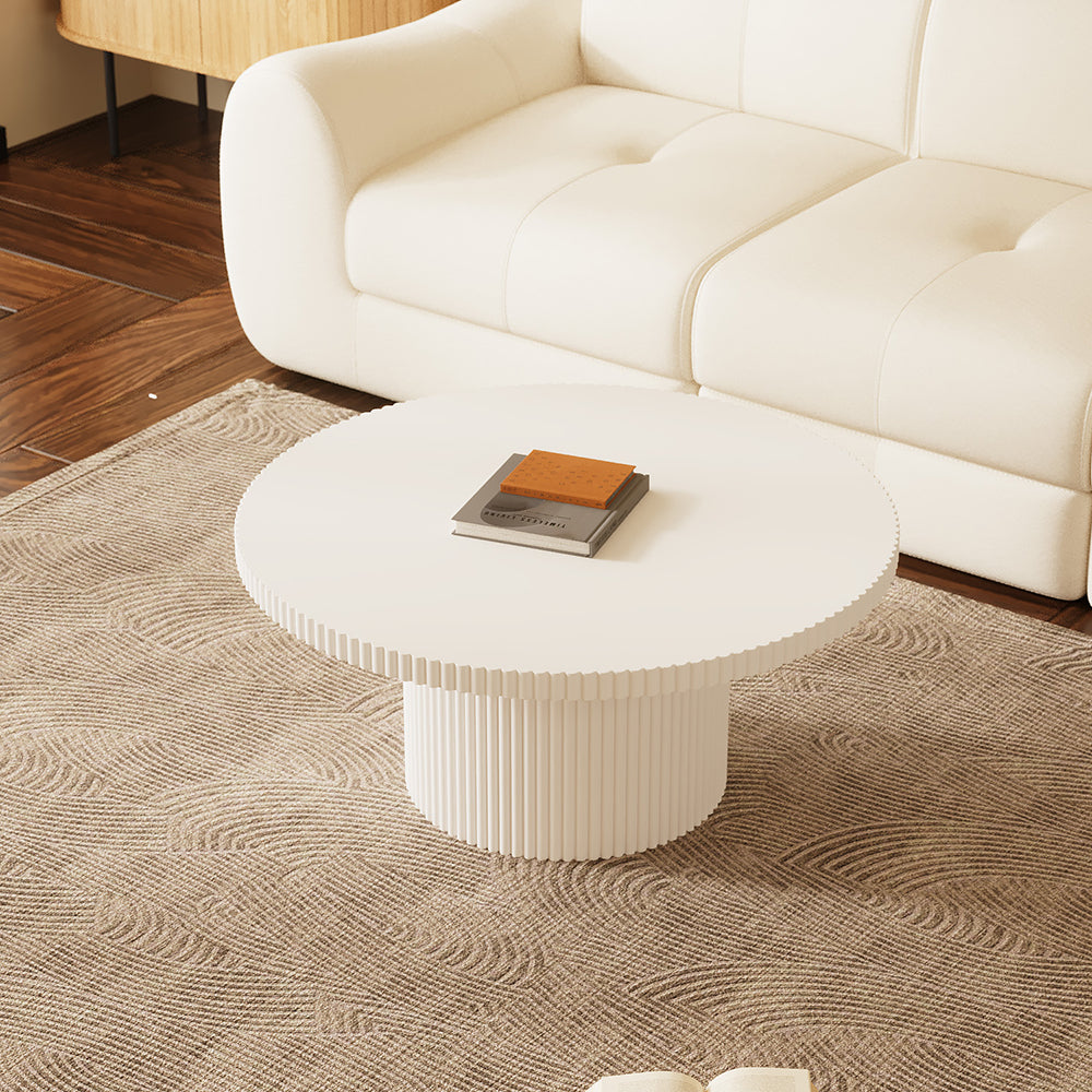 31.2'' White Round Coffee Table Vertical Textured Design Modern Minimalist Style