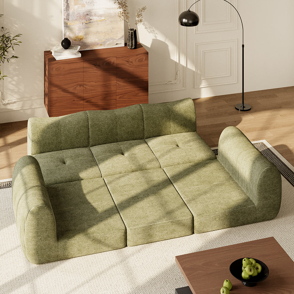 101'' Convertible Sofa Bed Three Seater Olive Green Upholstered Tufted Cushion Modern Curved Arm Modular Design