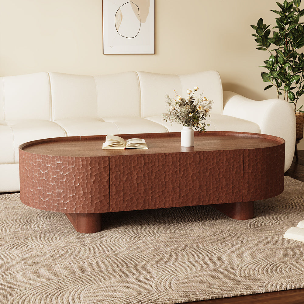 54.6''Walnut Oval Coffee Table Hammered Texture Design Modern Minimalist