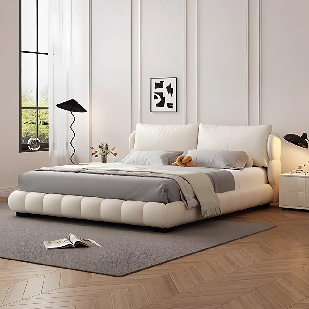 Queen Size Modern Bed with Ultra-Fiber Leather Steel-Wood Slatted Frame and Sleek Minimalist Design
