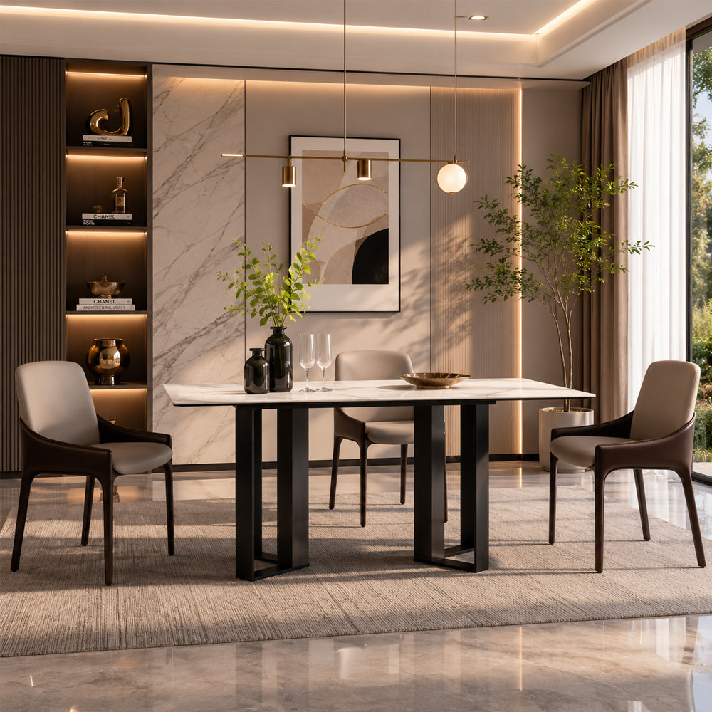 Modern Rectangular Dining Table with Marble-Look Top and Black Metal Base