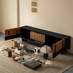 Load image into Gallery viewer, 78&quot; Sleek Rattan and Black Wood TV Stand Media Console Modern Minimalist Design with Textured Grille Front
