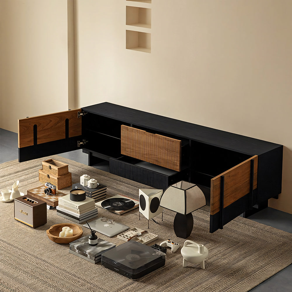 78" Sleek Rattan and Black Wood TV Stand Media Console Modern Minimalist Design with Textured Grille Front