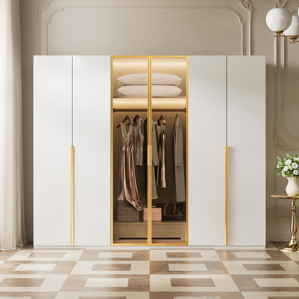 Modern Luxury Six-Door Closet Wardrobe in Champagne Gold and White with Glass Accents & Spacious Storage
