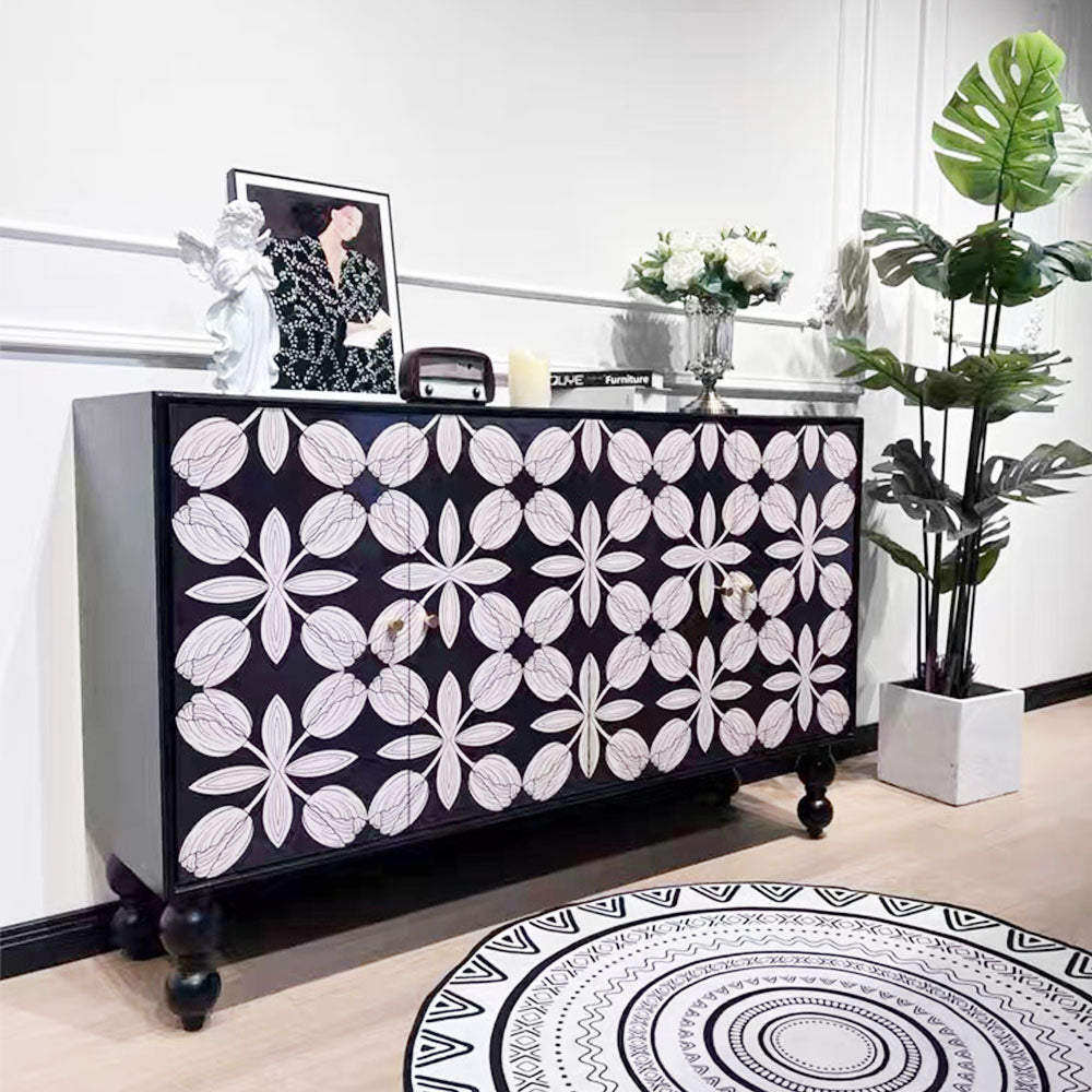 59'' Vintage Hand-Painted Sideboard Artistic Retro Buffet Cabinet with Bold Geometric Patterns