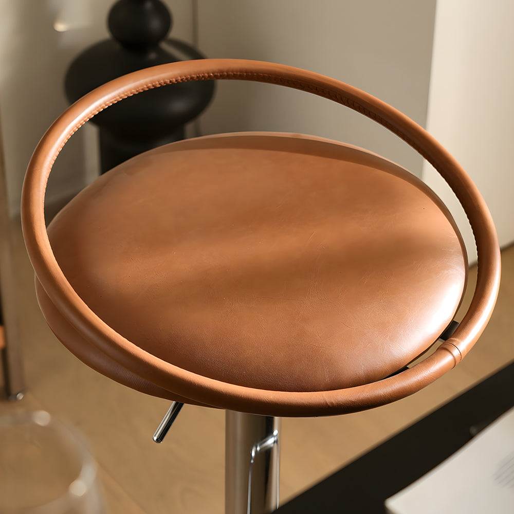 Modern Swivel Adjustable Bar Stool Set of 2 Brown Upholstered Seats Stainless Steel Base