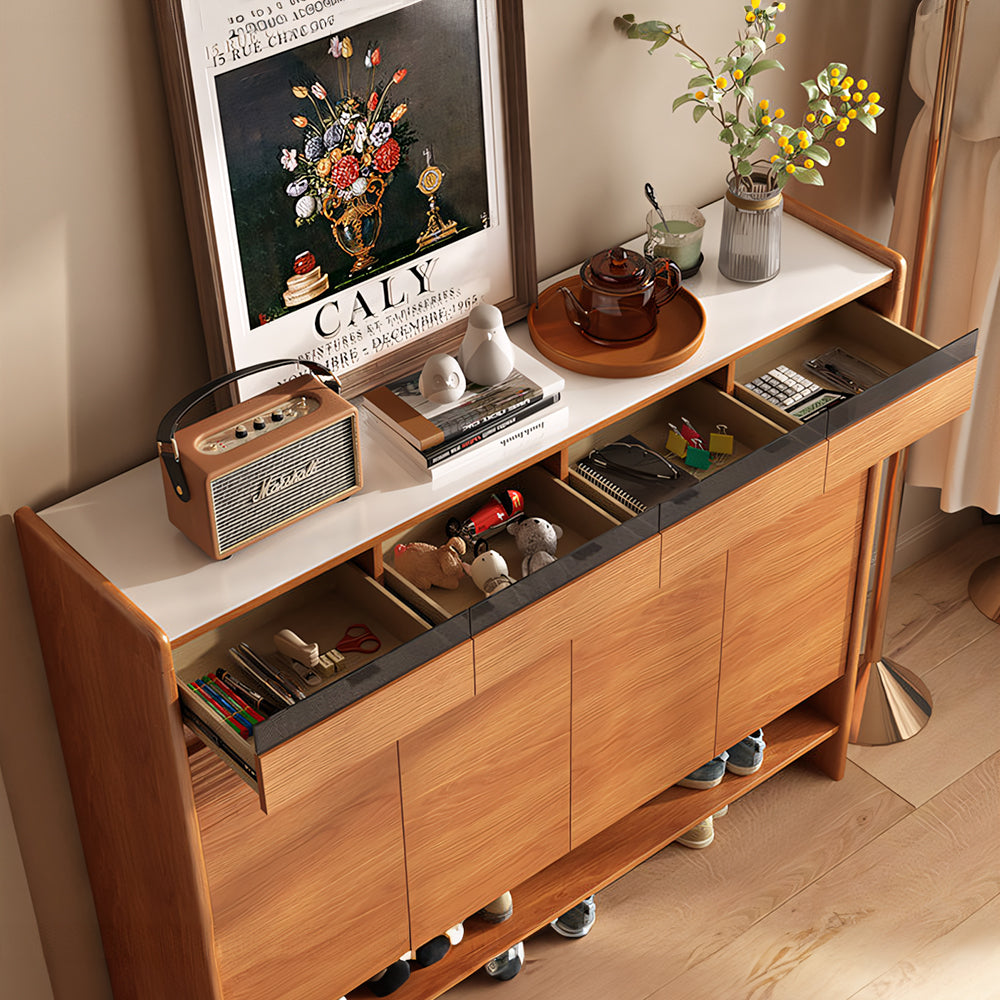 Modern Wood Shoe Cabinet with Doors Natural Entryway Storage Organizer with Open Shelf