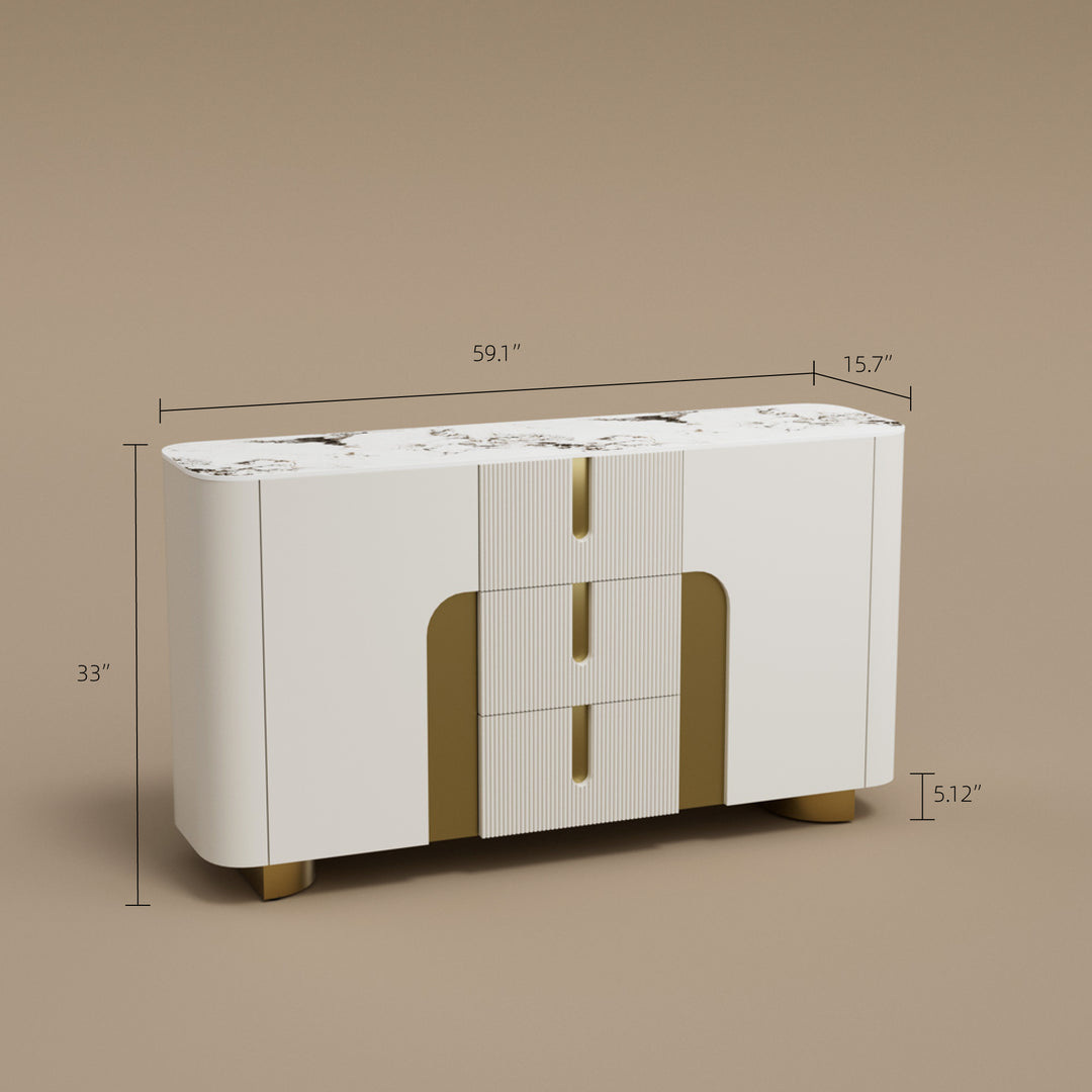 Sideboard Cabinet Modern Minimalist Ribbed Drawers Golden Base Marble Top Storage Unit