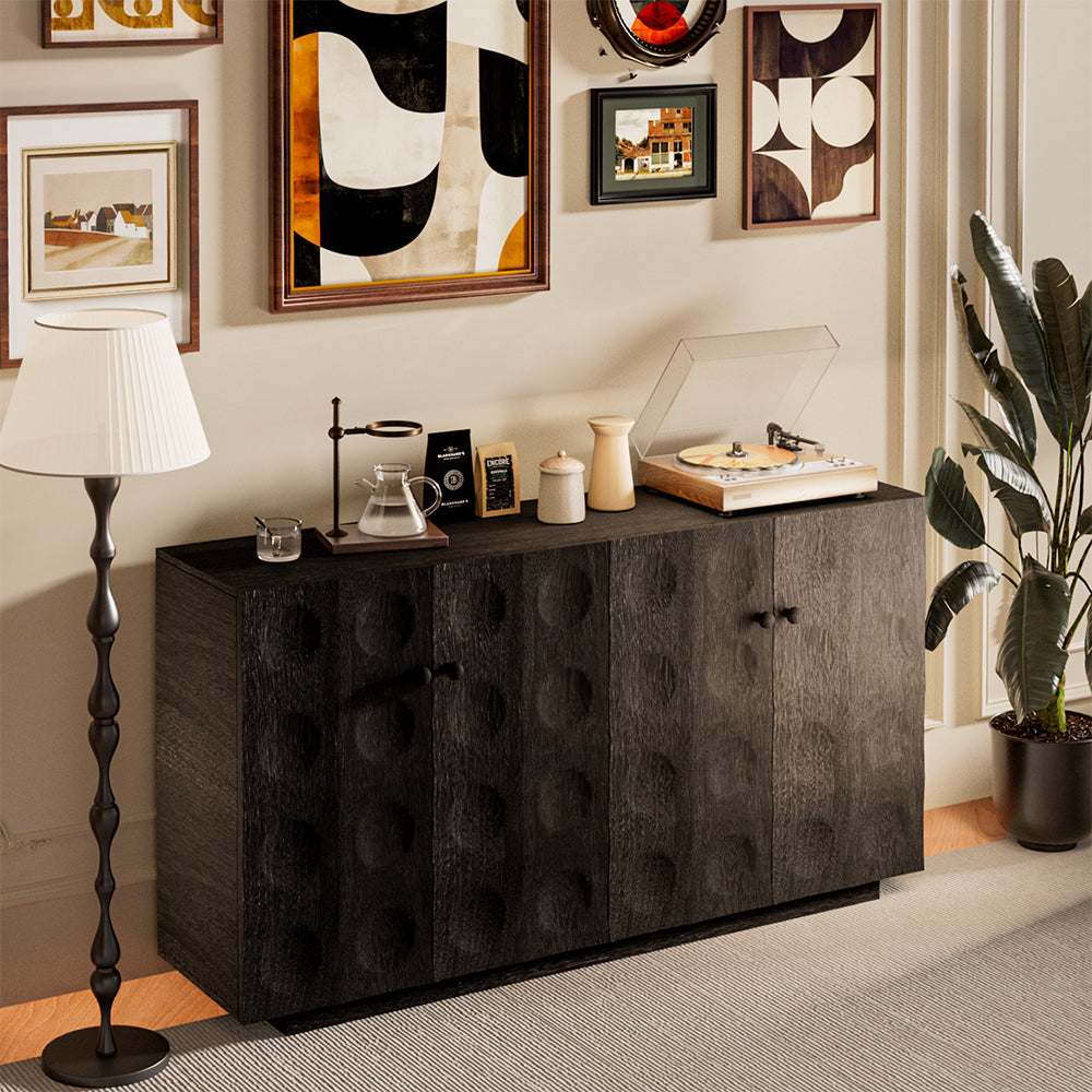 62.4''Vintage Embossed Sideboard Black Wood Storage Cabinet Textured Carved Front Mid Century Accent