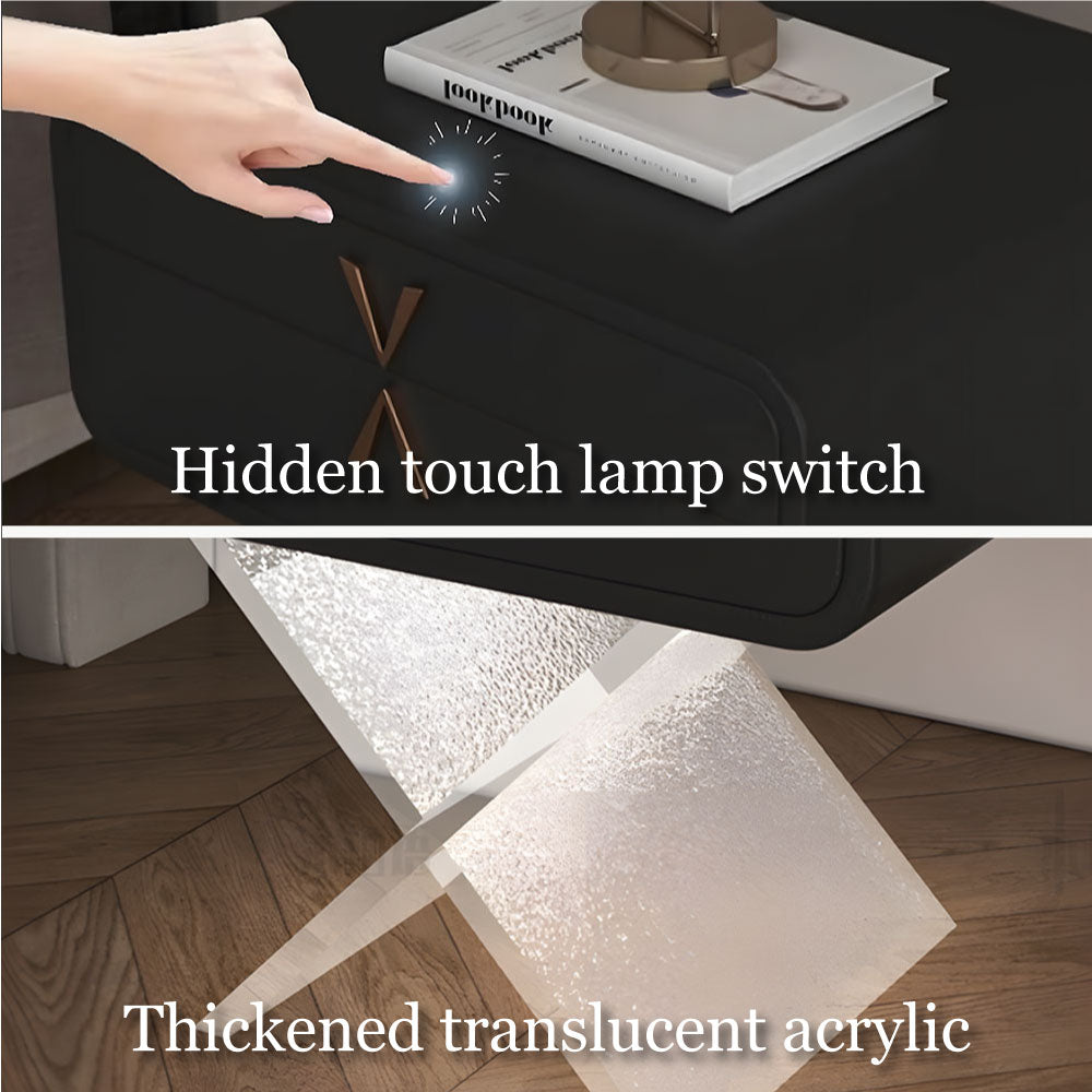 Modern Smart Nightstand with X-Base Acrylic Legs & Motion Sensor LED Light