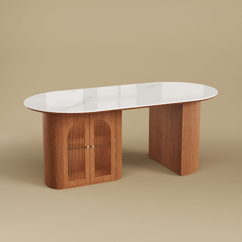 70"/78"Modern Dining Table with Stone Top & Storage Cabinet Scratch-Resistant Surface Double-Door Design and Solid Wood Legs