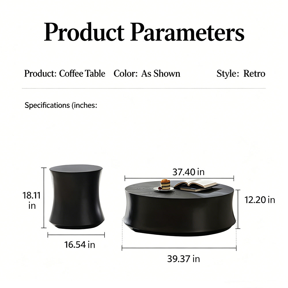Modern Black Round Coffee Table Set Drum Shape Living Room Nesting Tables