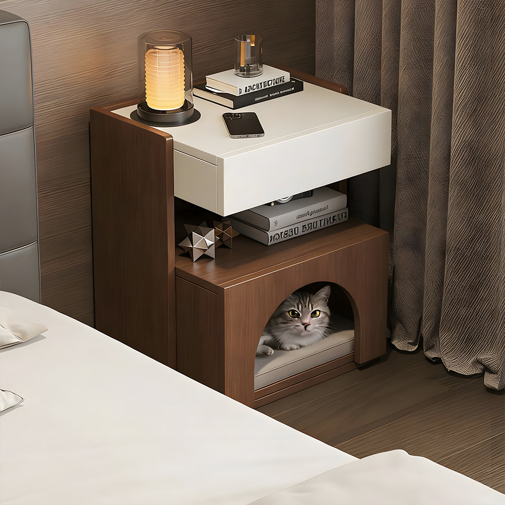 Modern Nightstand with Drawer and Open Shelf Wooden Bedside Table with Built-in Pet House Contemporary Storage Cabinet