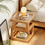Load image into Gallery viewer, Modern Solid Wood Bedside Table with Fluted Glass Top Multi Layer Storage Nightstand
