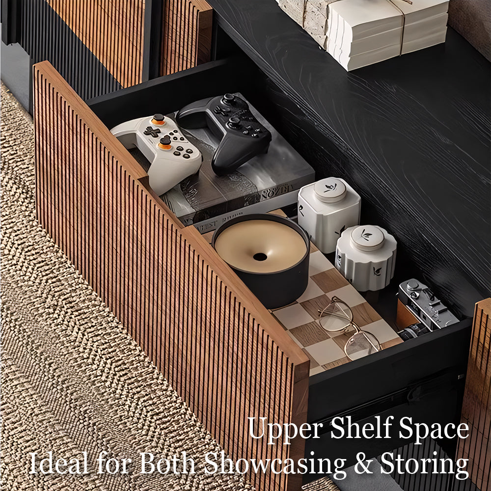 78" Sleek Rattan and Black Wood TV Stand Media Console Modern Minimalist Design with Textured Grille Front