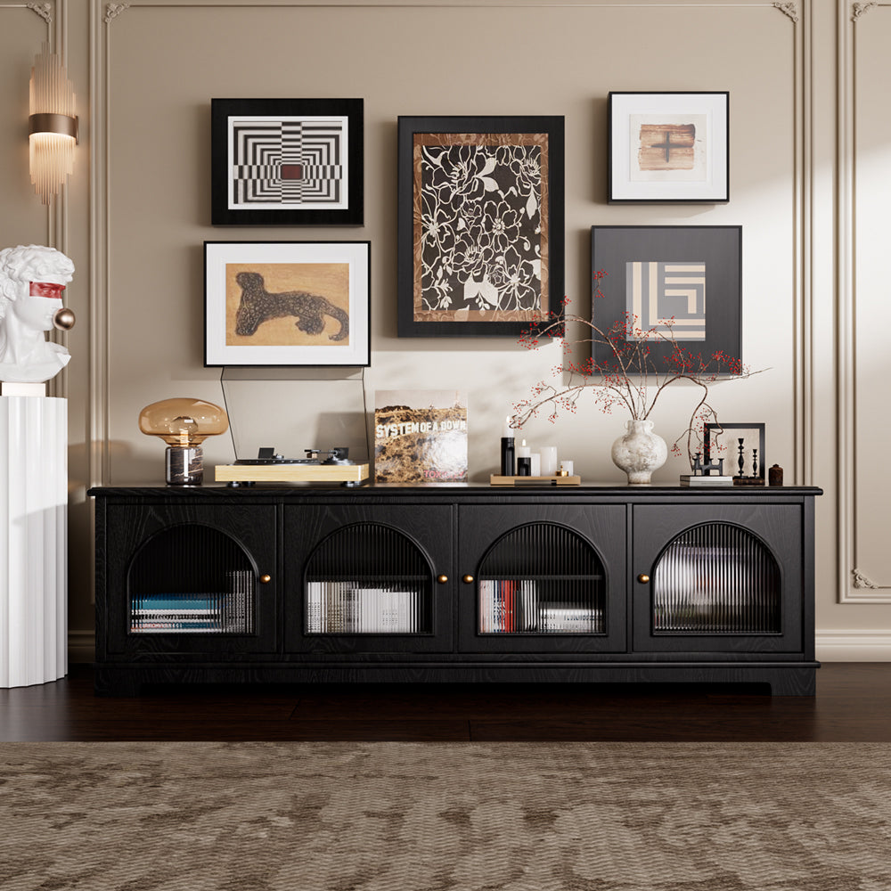 Modern Low-Profile TV Cabinet with Arched Glass Doors Freestanding Storage Console