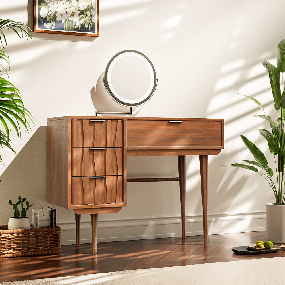 39''Walnut Dressing Table Round Mirror Multi-Drawer Storage Design