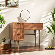 39'' Walnut Dressing Table Round Mirror Multi-Drawer Storage Design