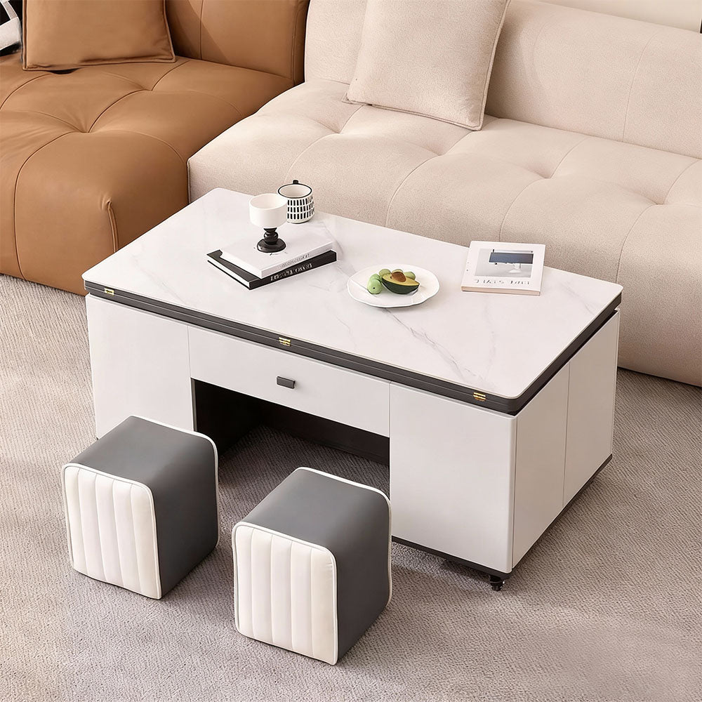Sintered Stone Lift-Top Coffee Table with 2 Stools Modern 2-in-1 Dining and Work Table for Smart Living