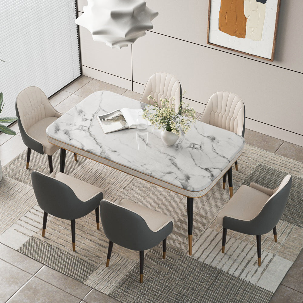 55.11" Dining Table Modern Marble Texture Top Gold-Tipped Legs Elegant Dining Room Furniture