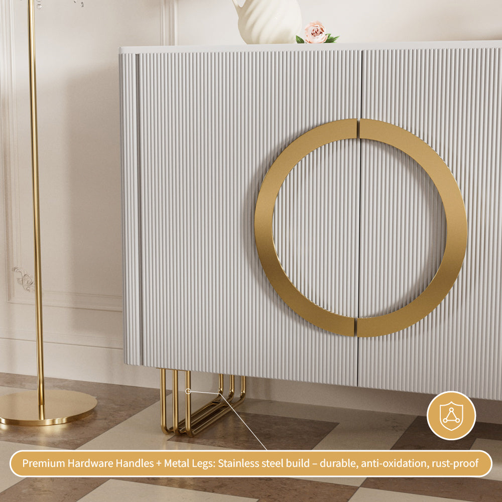 62.4" Sleek Modern White and Gold Buffet Cabinet with Circular Accents
