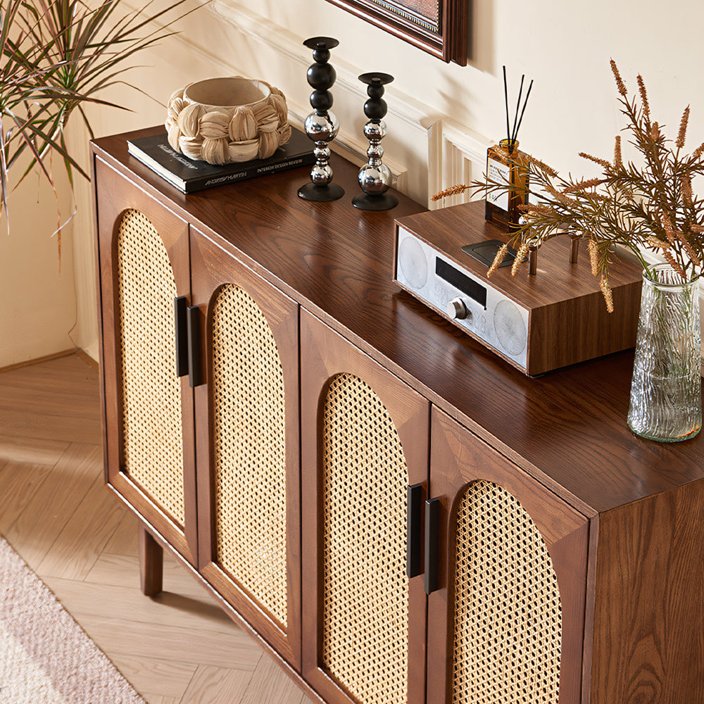 59'' Mid-Century Modern Rattan Door Sideboard Cabinet Solid Wood Buffet Storage Console for Dining Room & Living Room