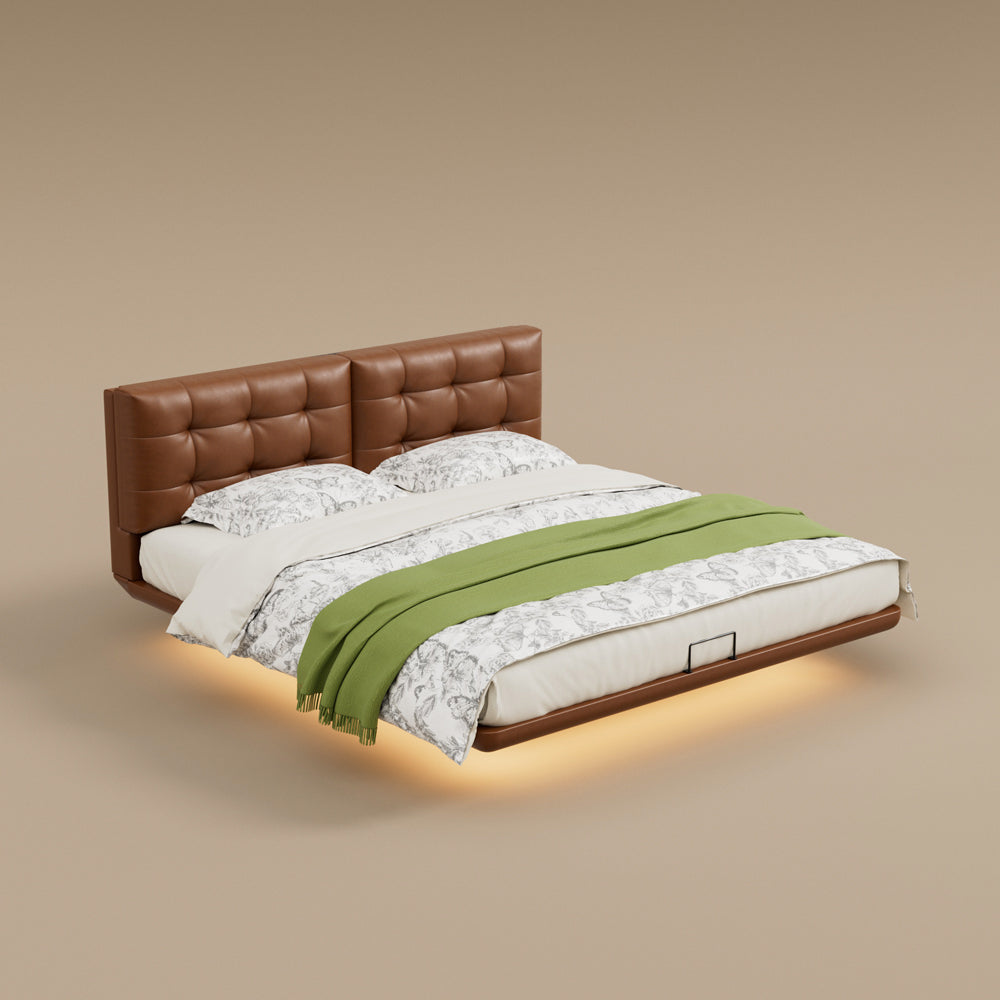 Modern Floating Bed with LED Lighting & Upholstered Headboard